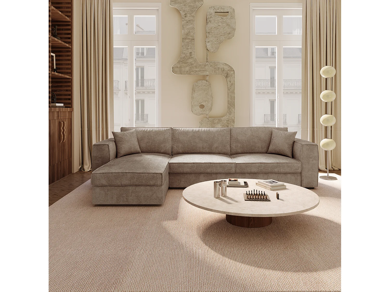 Canapé d'angle gauche convertible 5 places MIKA en tissu tramé toucher doux taupe