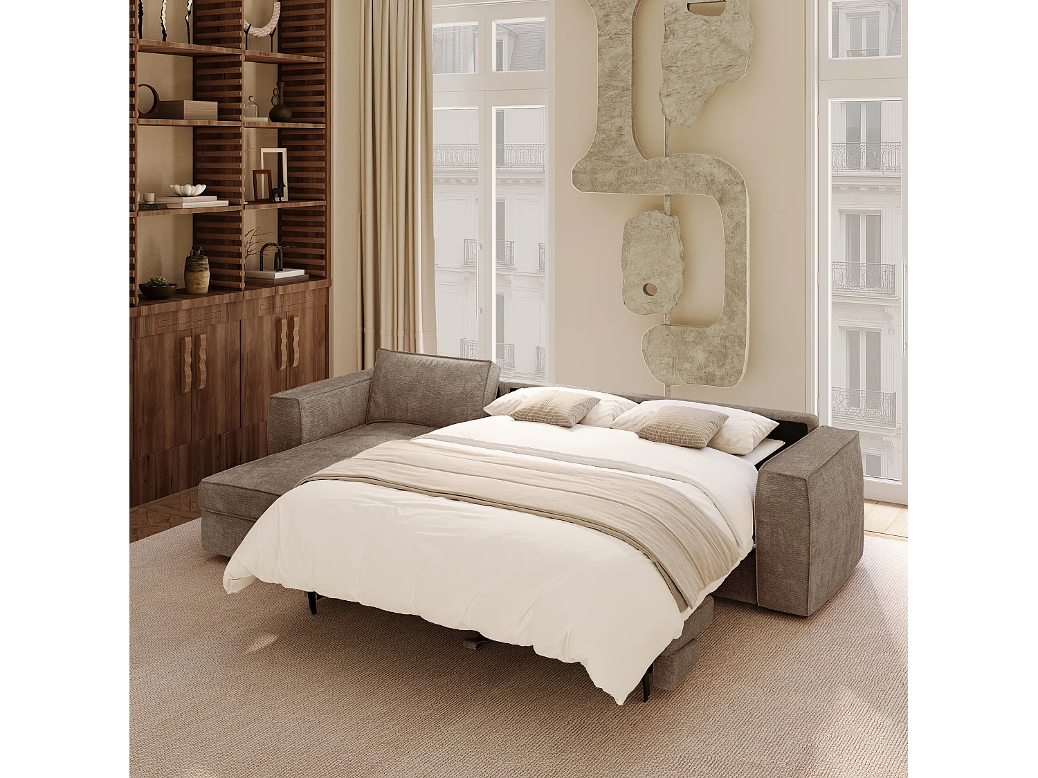 Canapé d'angle gauche convertible 5 places MIKA en tissu tramé toucher doux taupe