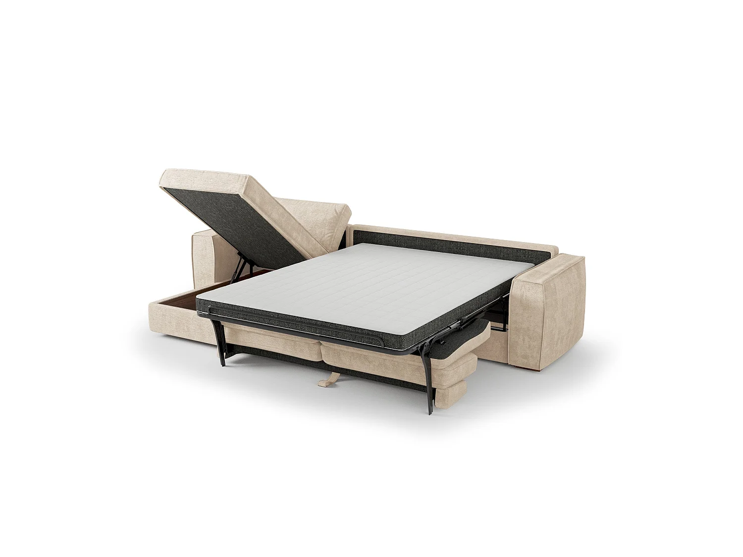 Canapé d'angle gauche convertible 5 places MIKA en tissu tramé toucher doux beige