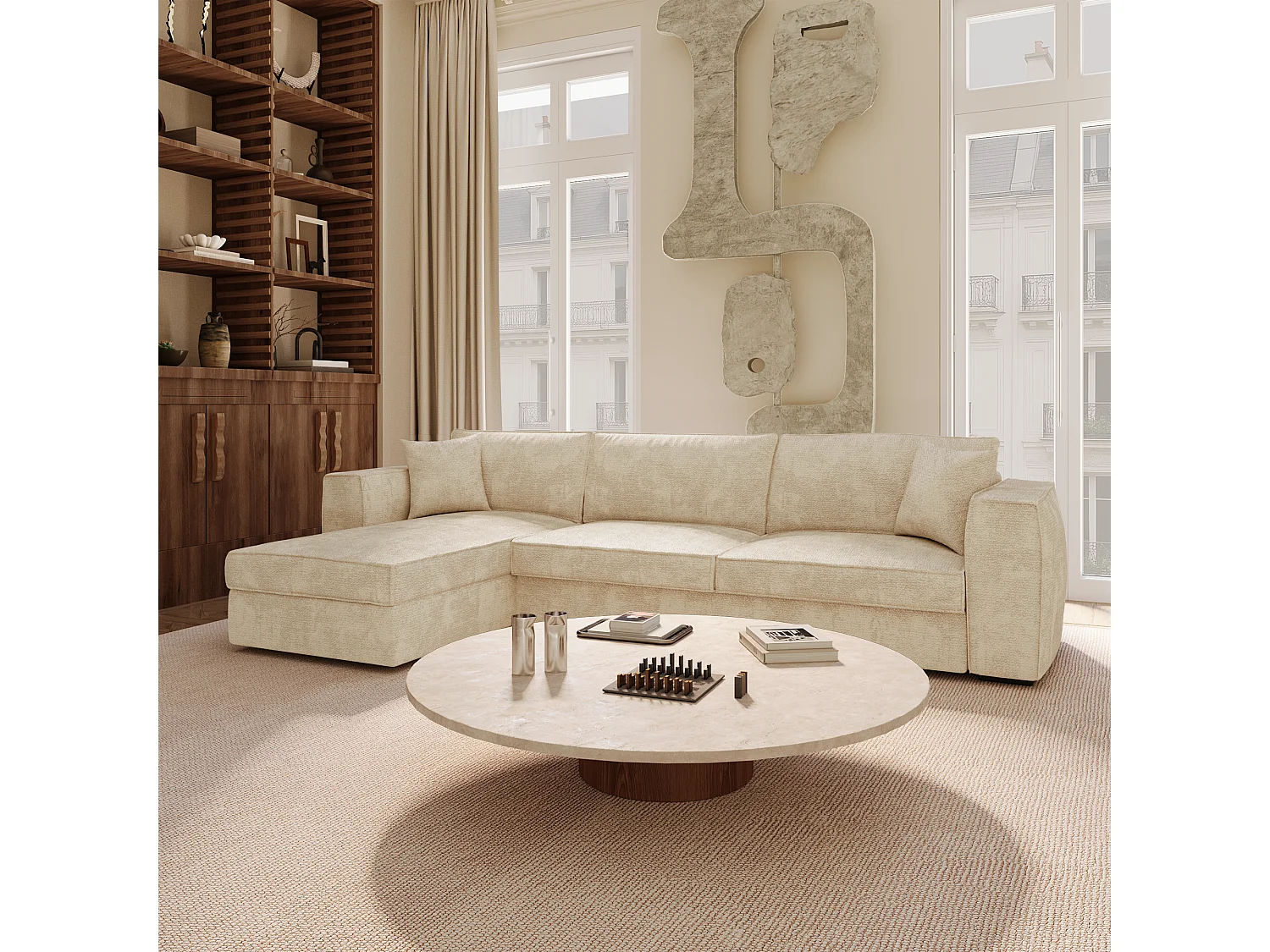 Canapé d'angle gauche convertible 5 places MIKA en tissu tramé toucher doux beige