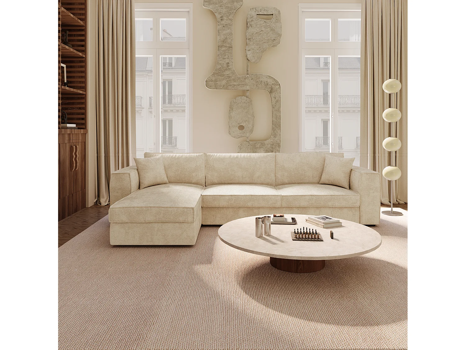 Canapé d'angle gauche convertible 5 places MIKA en tissu tramé toucher doux beige