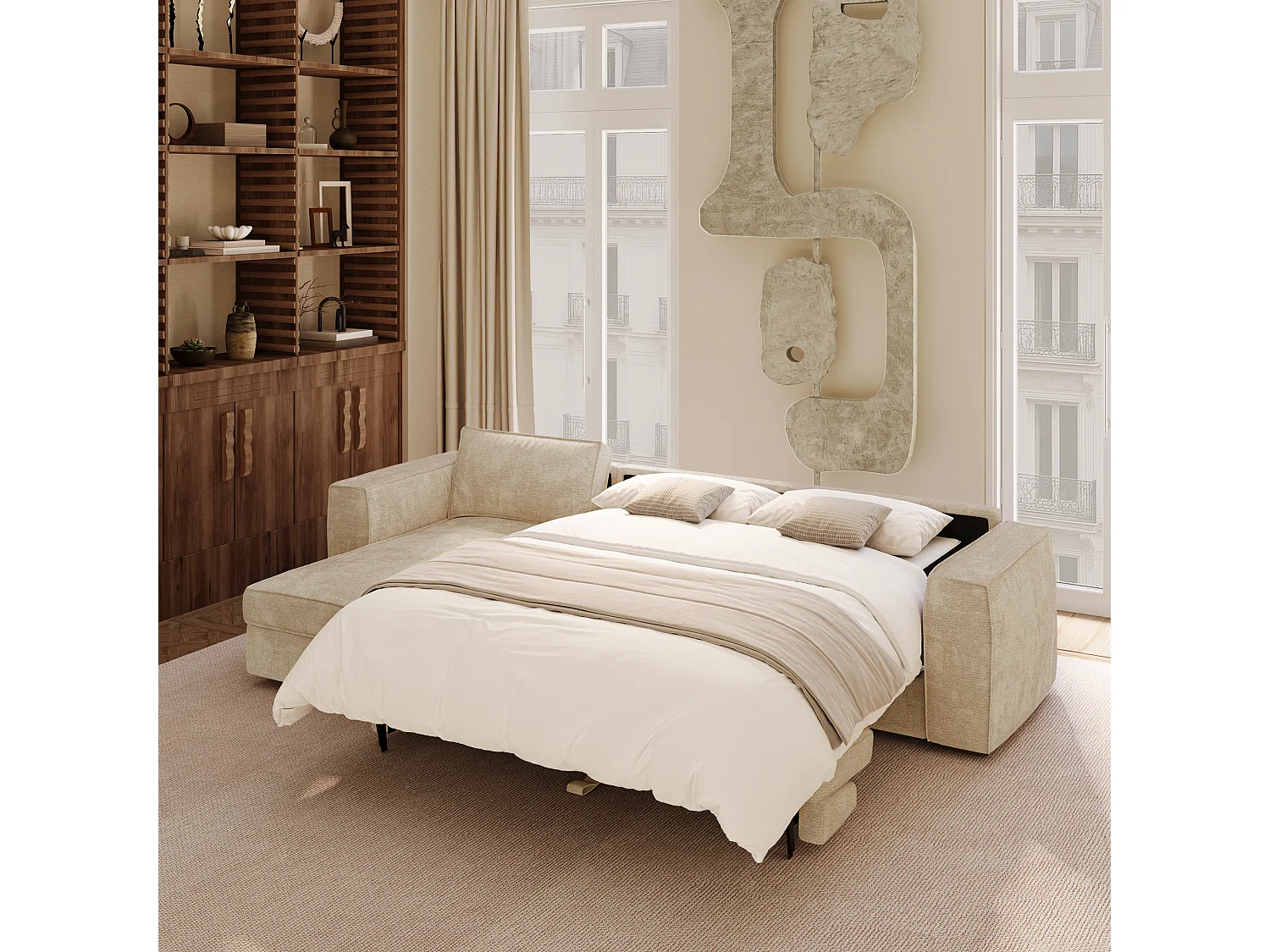 Canapé d'angle gauche convertible 5 places MIKA en tissu tramé toucher doux beige