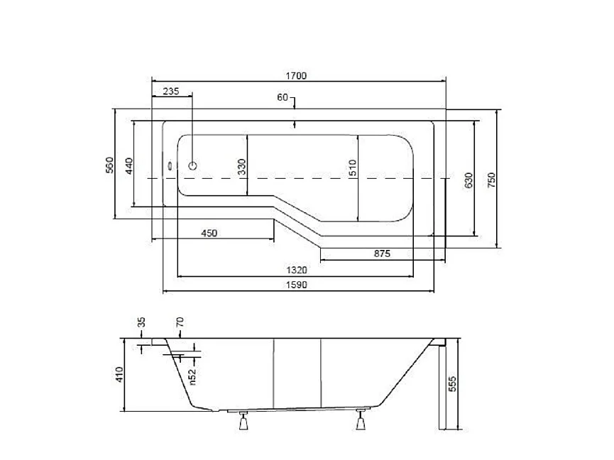 Baignoire asymétrique INTEGRA 150-170 cm x 75 cm + pare baignoire - Angle: Droit - Dimensions: 170cm