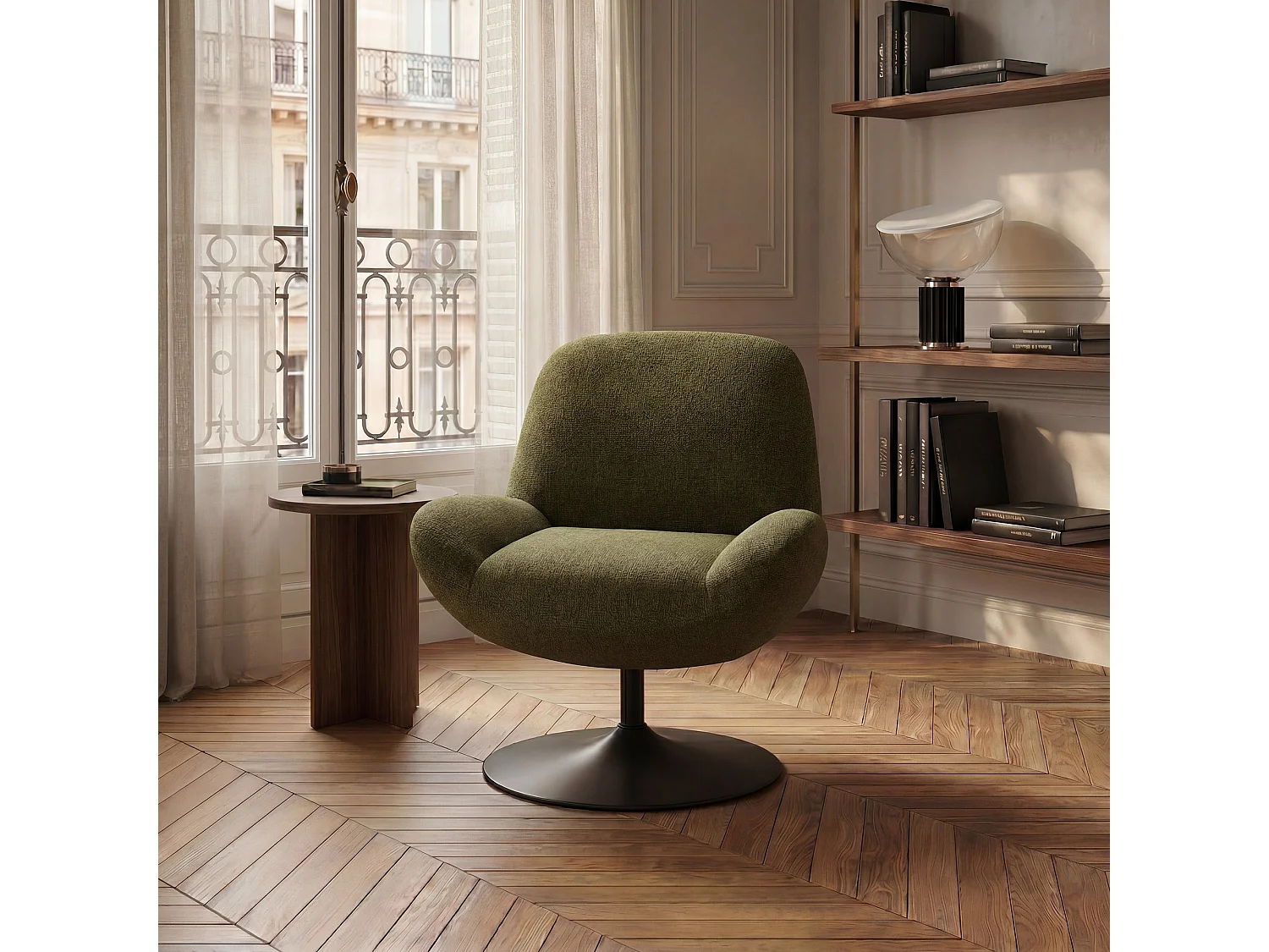 Fauteuil pivotant RETRO en velours bouclé vert vintage 71x76cm