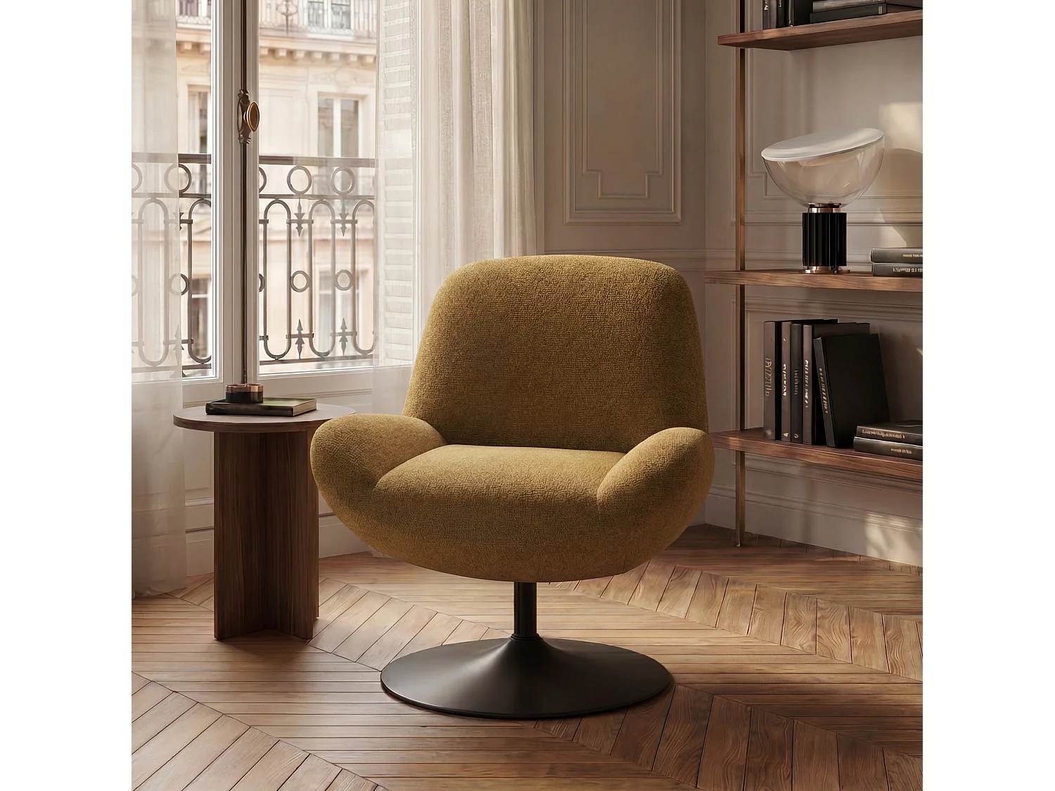 Fauteuil pivotant RETRO en velours bouclé moutarde 71x76cm