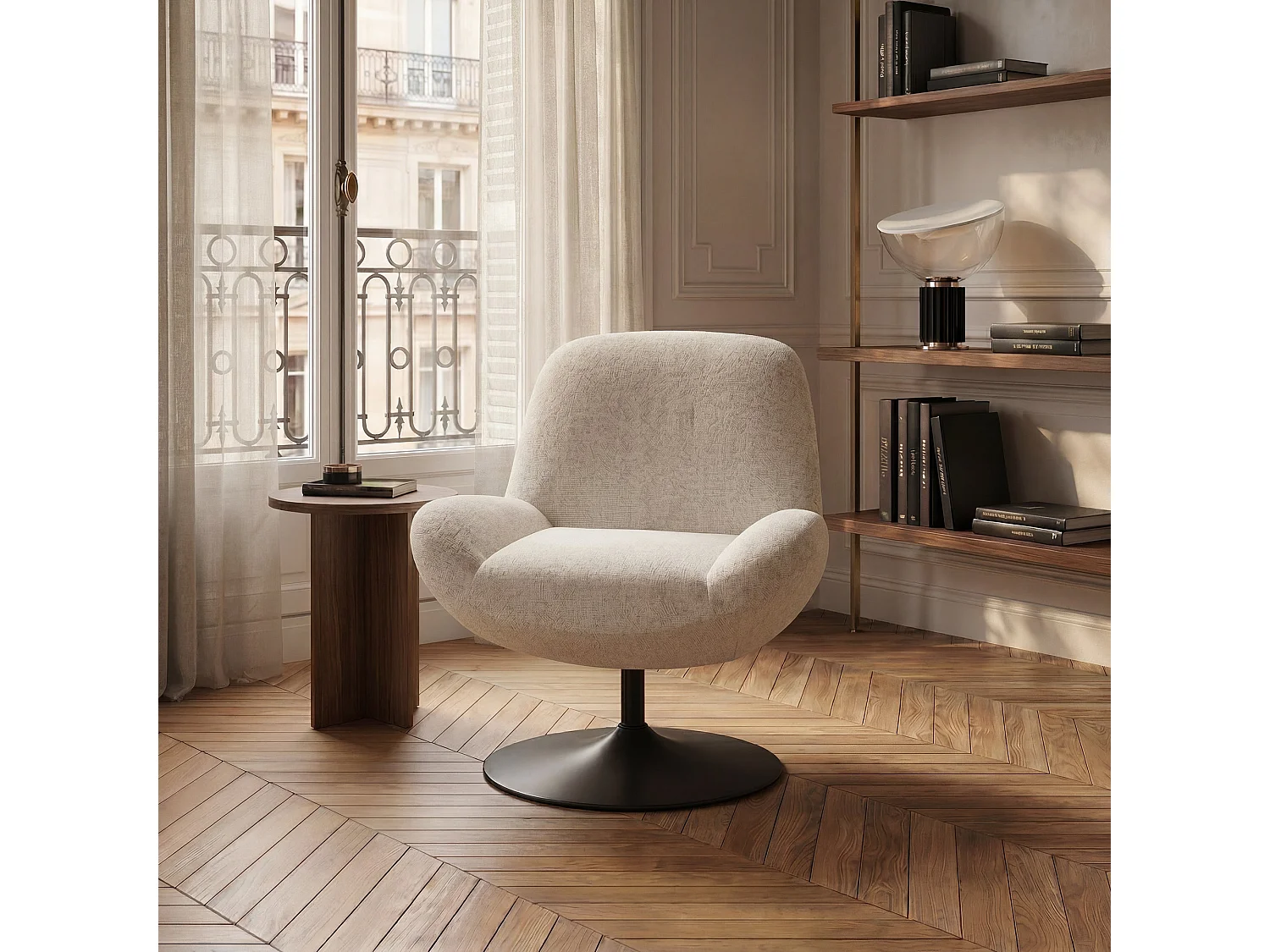 Fauteuil pivotant RETRO en velours bouclé crème 71x76cm
