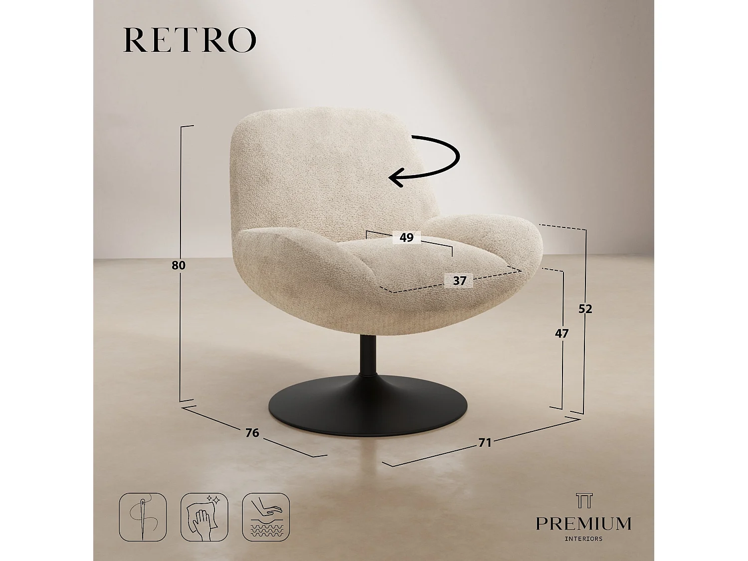 Fauteuil pivotant RETRO en velours bouclé crème 71x76cm