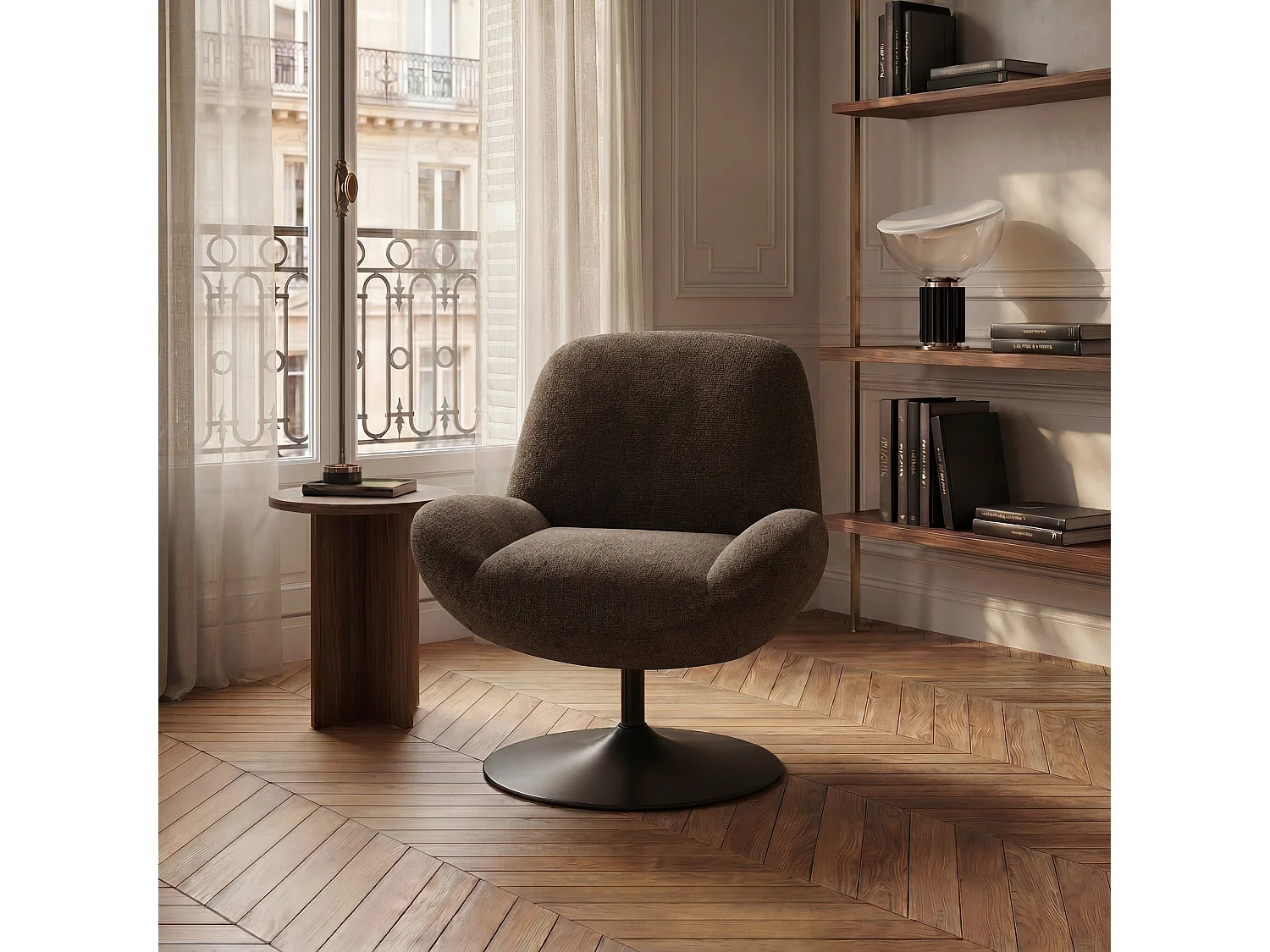Fauteuil pivotant RETRO en velours bouclé brun expresso 71x76cm