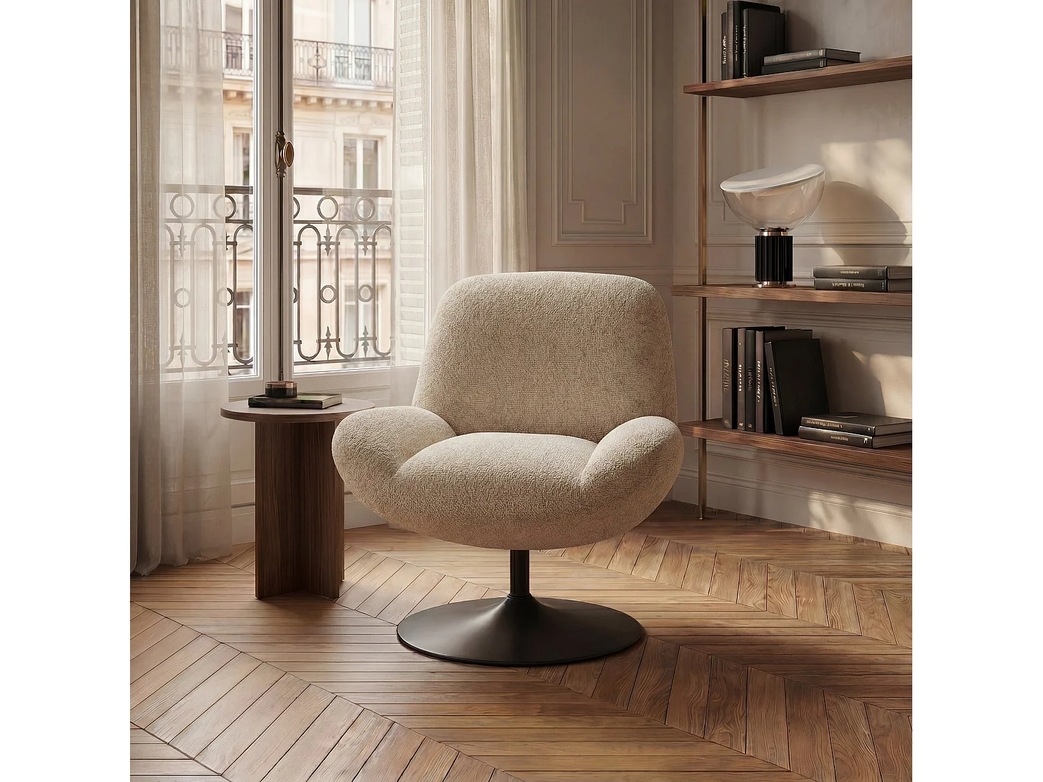 Fauteuil pivotant RETRO en velours bouclé beige 71x76cm