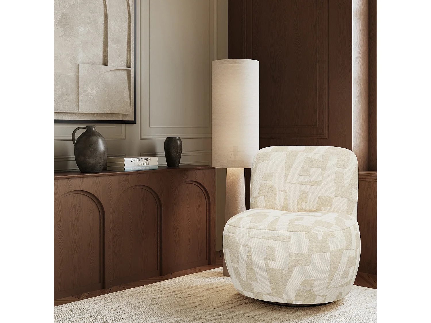 Fauteuil de salon pivotant JENA en tissu texturé à motif ecru 65x71cm