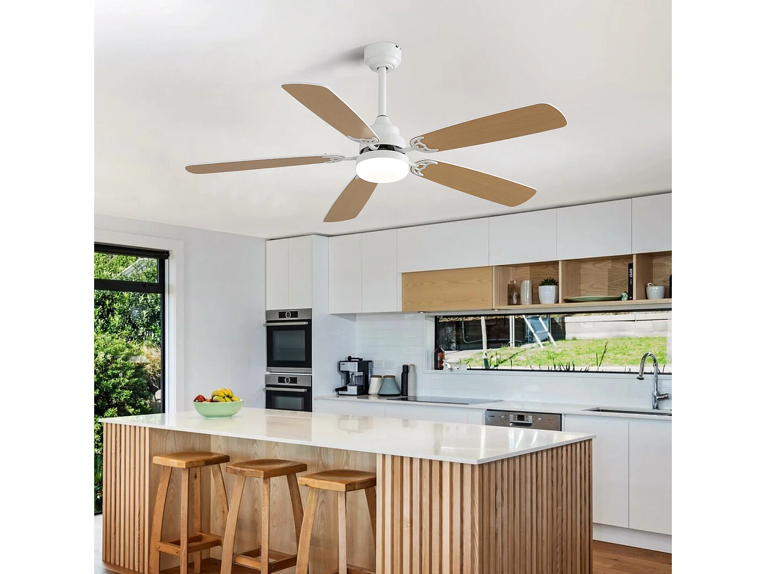 Ventilateur de plafond de 132 cm avec éclairage 18 W à 3 couleurs et silencieux, minuterie - Pour salon et chambre