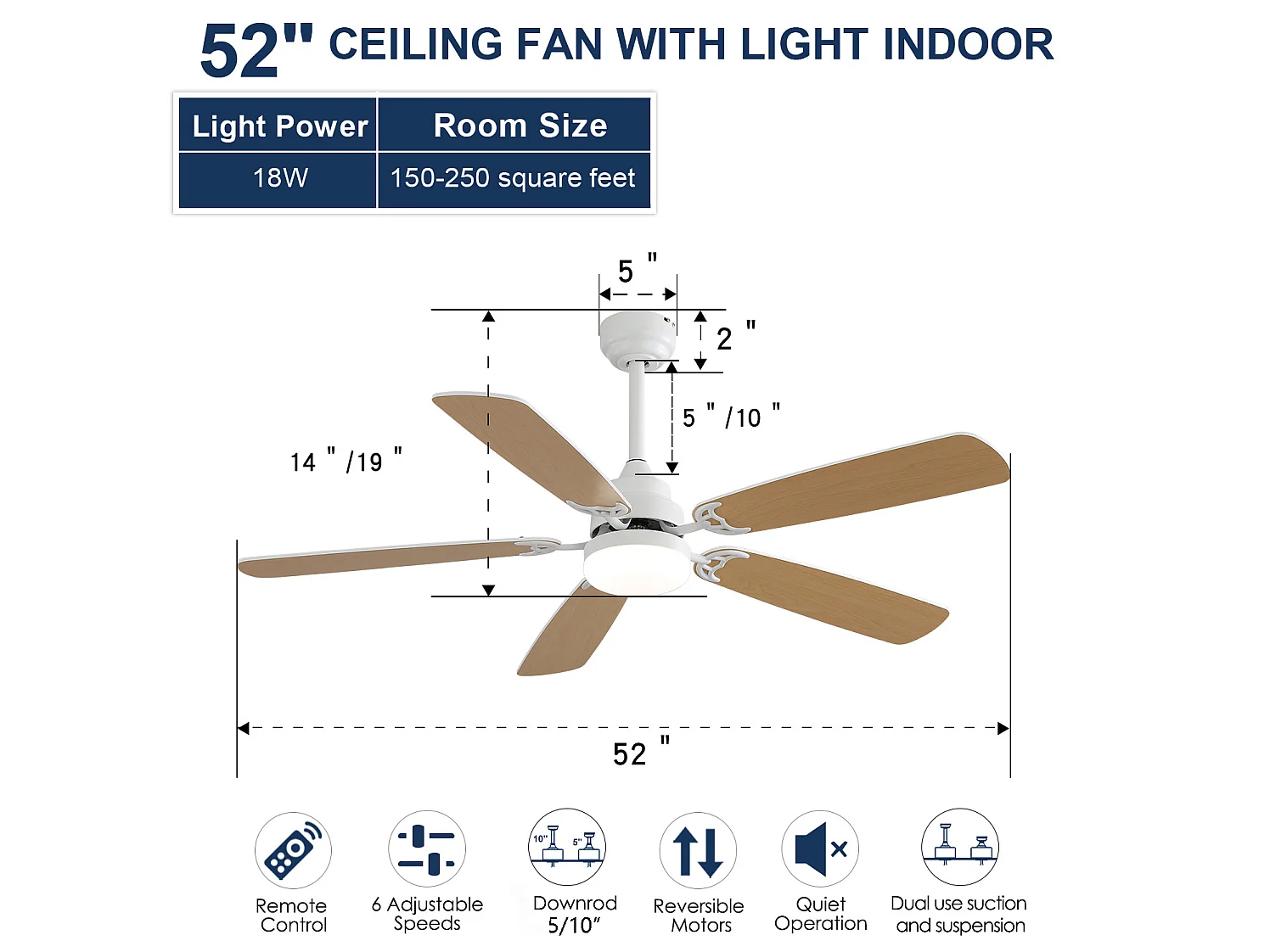 Ventilateur de plafond de 132 cm avec éclairage 18 W à 3 couleurs et silencieux, minuterie - Pour salon et chambre