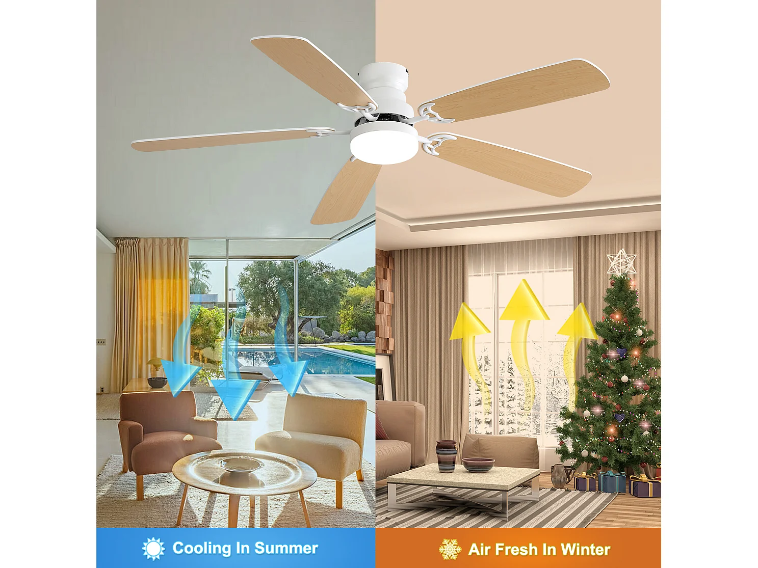 Ventilateur de plafond de 132 cm avec éclairage 18 W à 3 couleurs et silencieux, minuterie - Pour salon et chambre