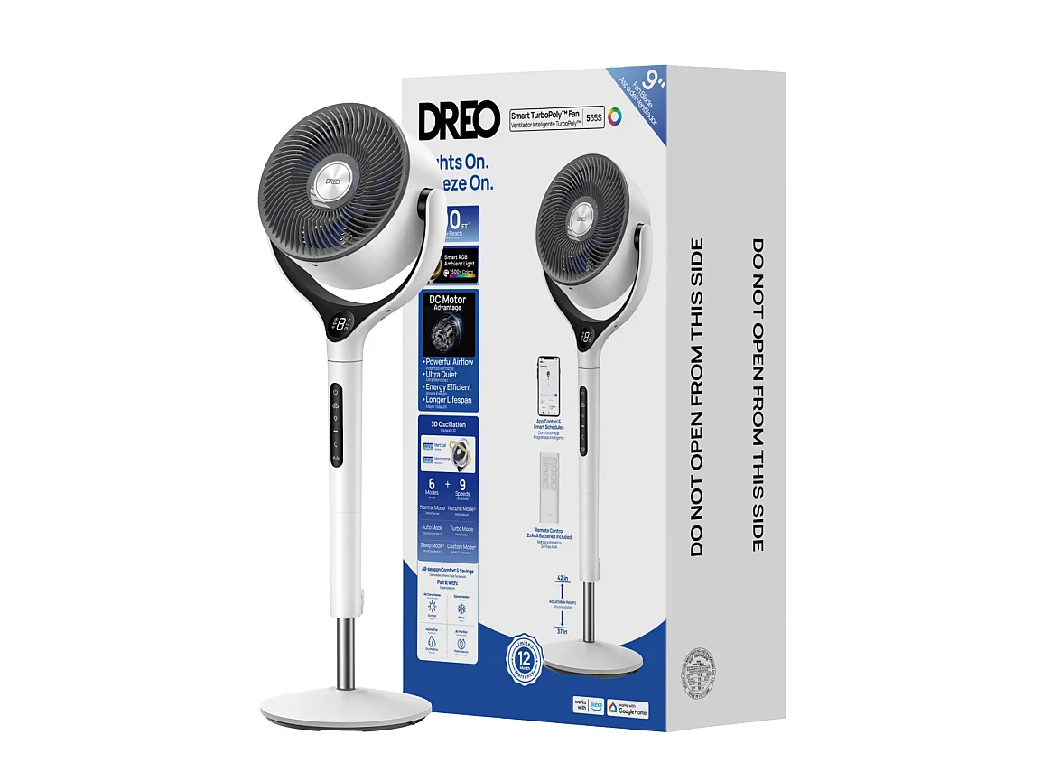 Dreo Smart Tischventilator mit TurboWind-Technologie, RGB-Licht, 9 Geschwindigkeiten - Weiß