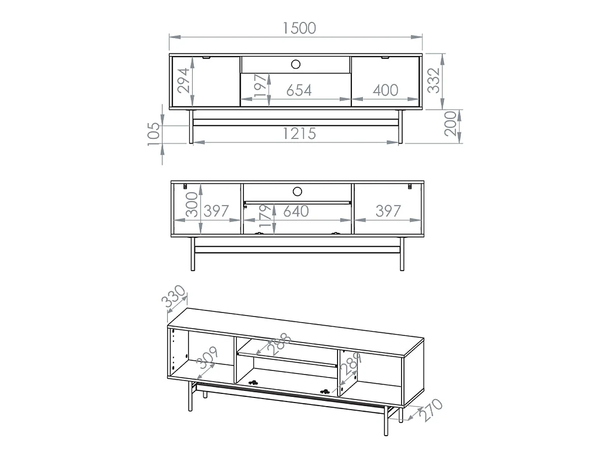 3-deurs tv-meubel 150 cm Nila Hout