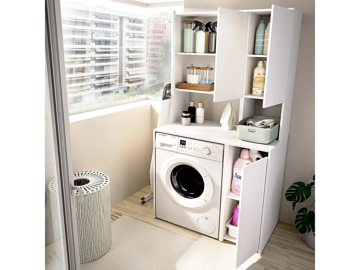 Meuble de rangement pour buanderie, armoire multifonction coloris Blanc - Longueur 95 x Profondeur 62 x Hauteur 190 cm