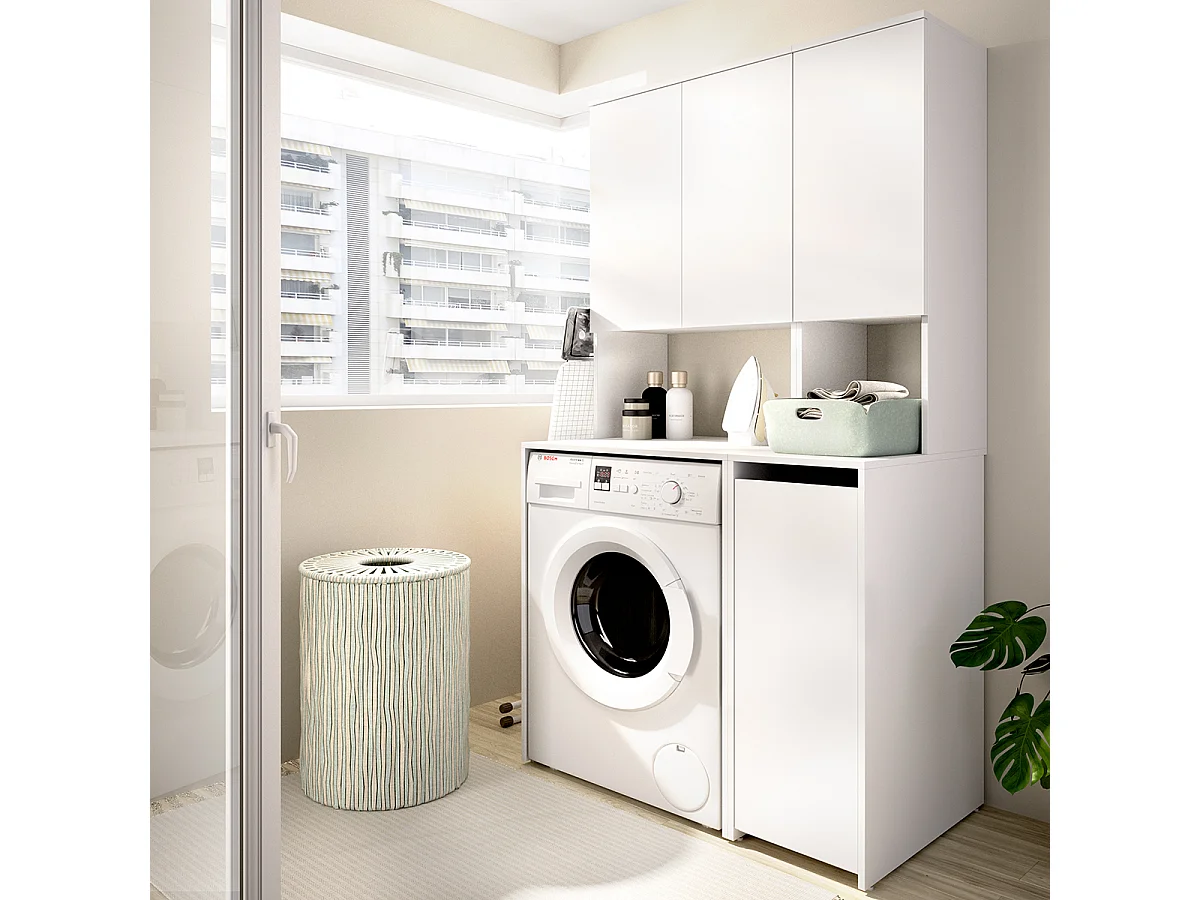 Meuble de rangement pour buanderie, armoire multifonction coloris Blanc - Longueur 95 x Profondeur 62 x Hauteur 190 cm
