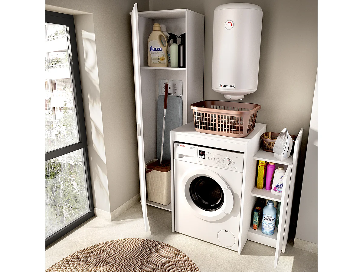 Meuble Buanderie Multifonction avec Colonne de Rangement et Espace Lave-Linge et produits ménagers coloris Blanc - Longueur 133,8 x Profondeur 62 x Hauteur 190 cm