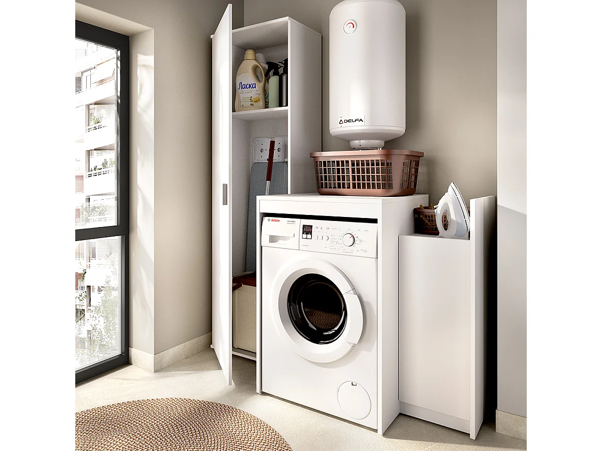 Meuble Buanderie Multifonction avec Colonne de Rangement et Espace Lave-Linge et produits ménagers coloris Blanc - Longueur 133,8 x Profondeur 62 x Hauteur 190 cm