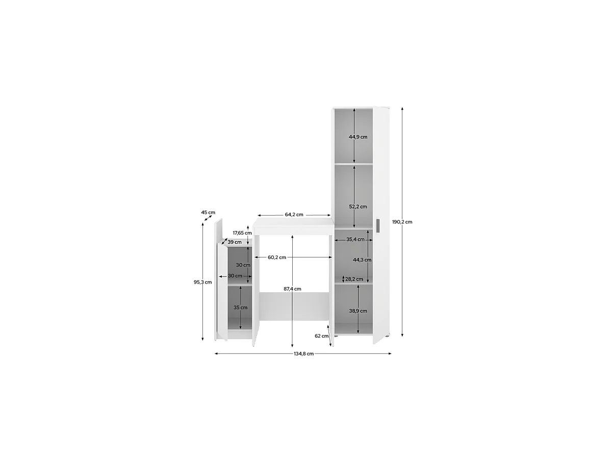 Meuble Buanderie Multifonction avec Colonne de Rangement et Espace Lave-Linge et produits ménagers coloris Blanc - Longueur 133,8 x Profondeur 62 x Hauteur 190 cm