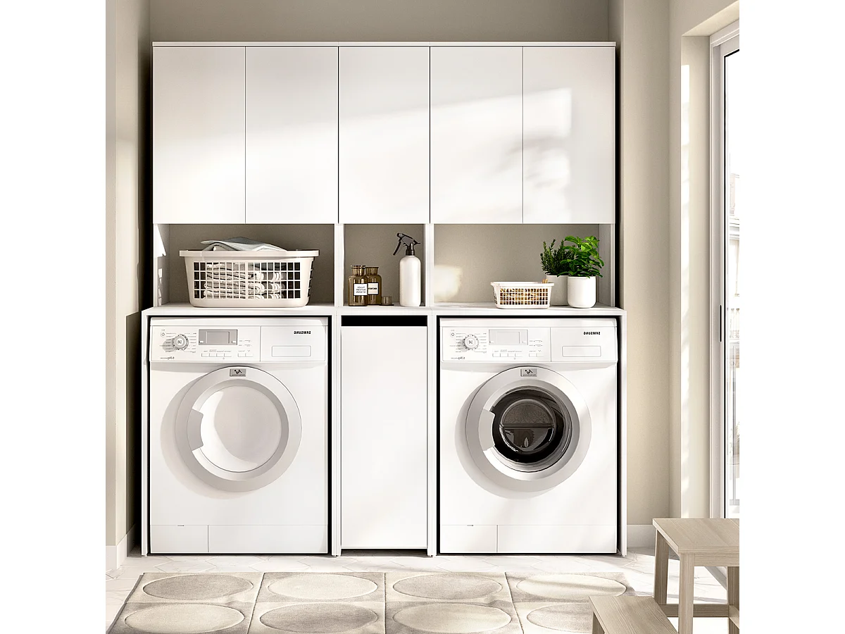 Meuble Buanderie Double Machine pour Lave-Linge et Sèche-Linge avec Rangements Intégrés coloris Blanc - Longueur 158,3 x Profondeur 62 x Hauteur 190 cm