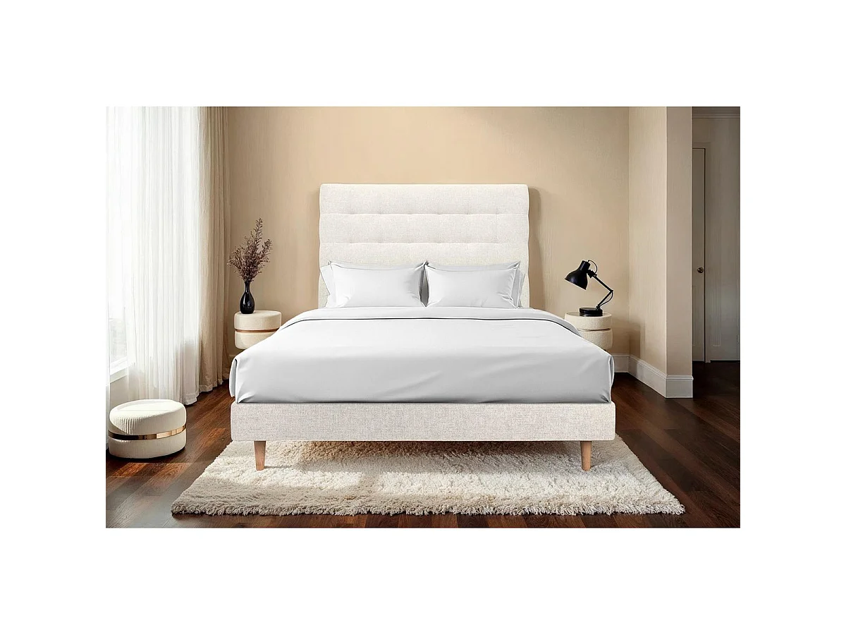 Lit 180x200cm avec tête de lit capitonnée tissu et sommier kit Beige clair - Hauteur totale : 29cm