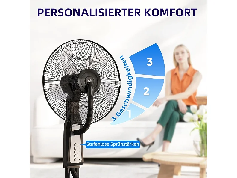 Ventilateur sur pied 125 cm avec brumisation, 3 vitesses, oscillation 75°, réservoir 3 L - Noir