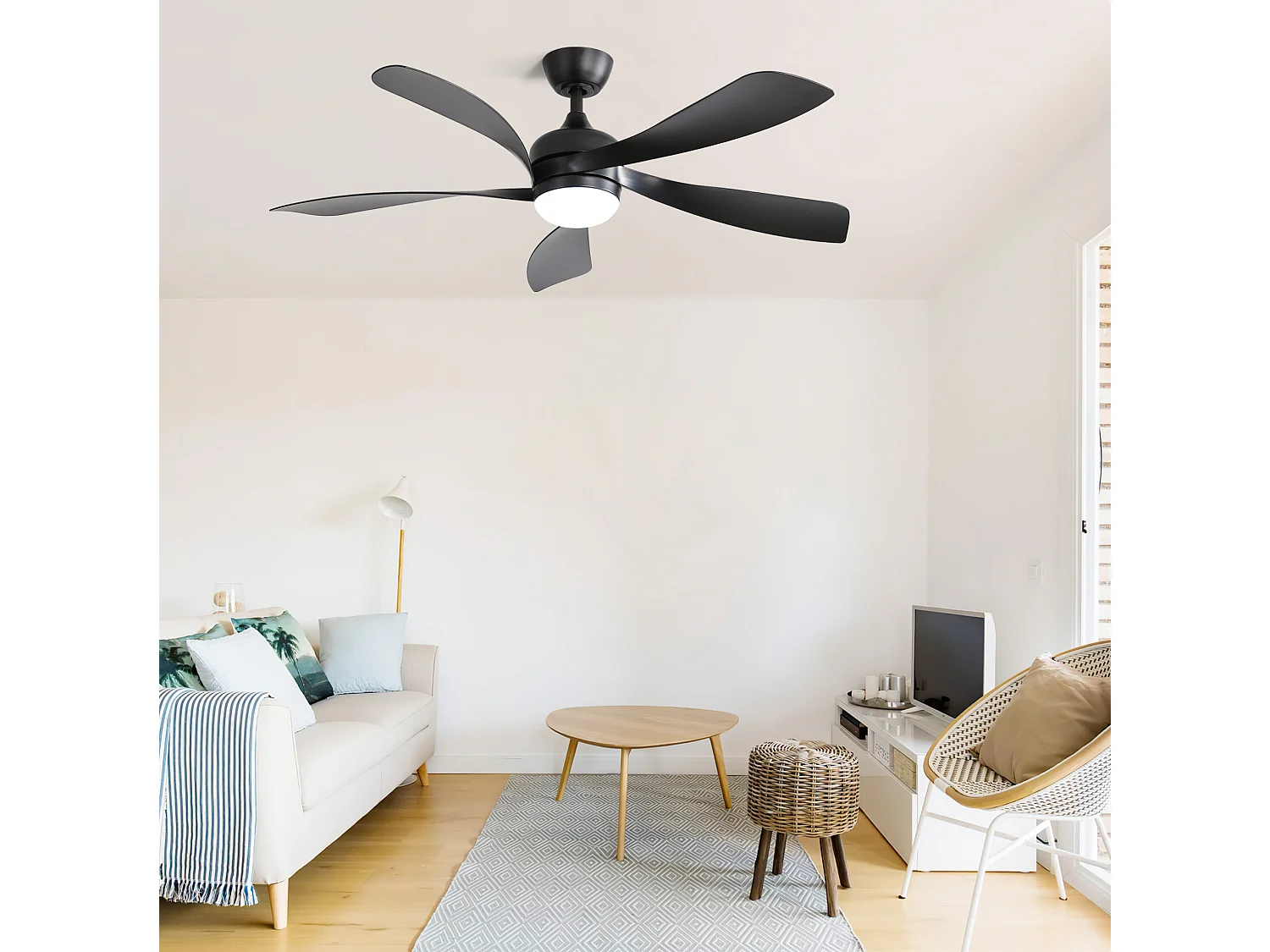 Ventilateur de plafond 132 cm avec éclairage LED , 6 vitesses et minuterie - Noir