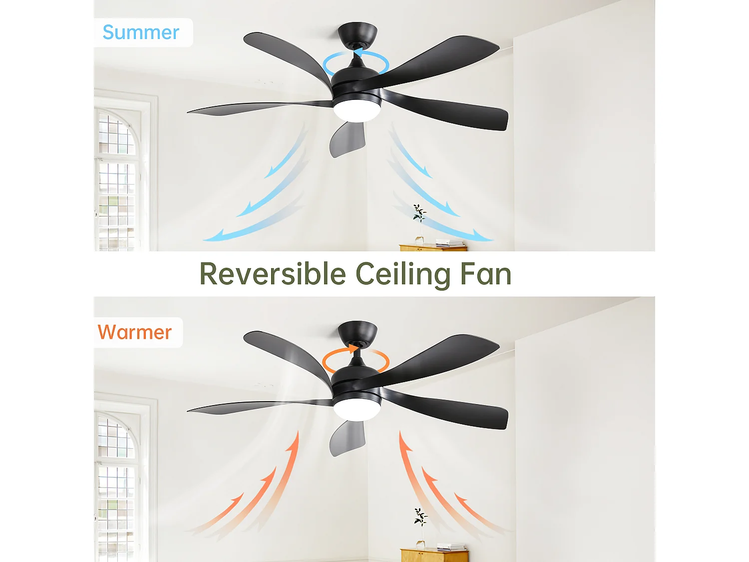 Ventilateur de plafond 132 cm avec éclairage LED , 6 vitesses et minuterie - Noir