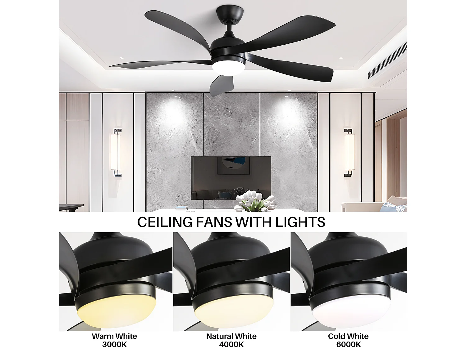 Ventilateur de plafond 132 cm avec éclairage LED , 6 vitesses et minuterie - Noir