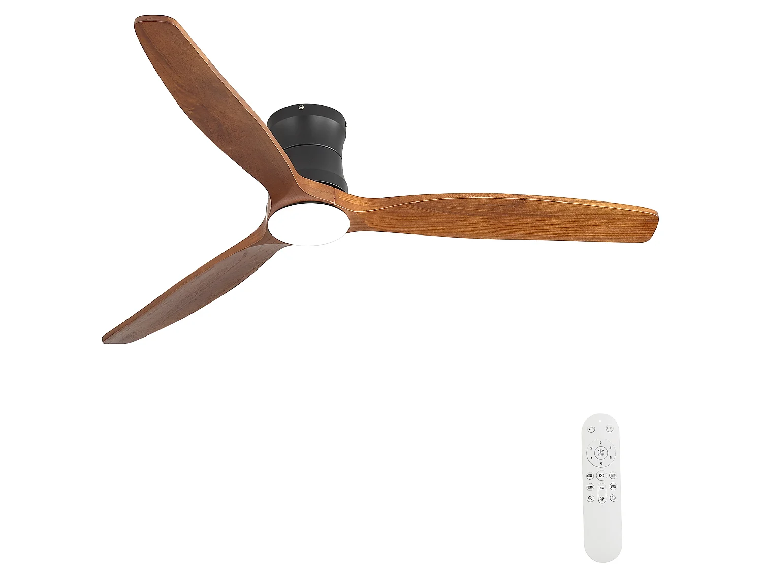 Ventilateur de plafond 132 cm avec éclairage variateur, 3 pales en bois et télécommande - Couleur bois