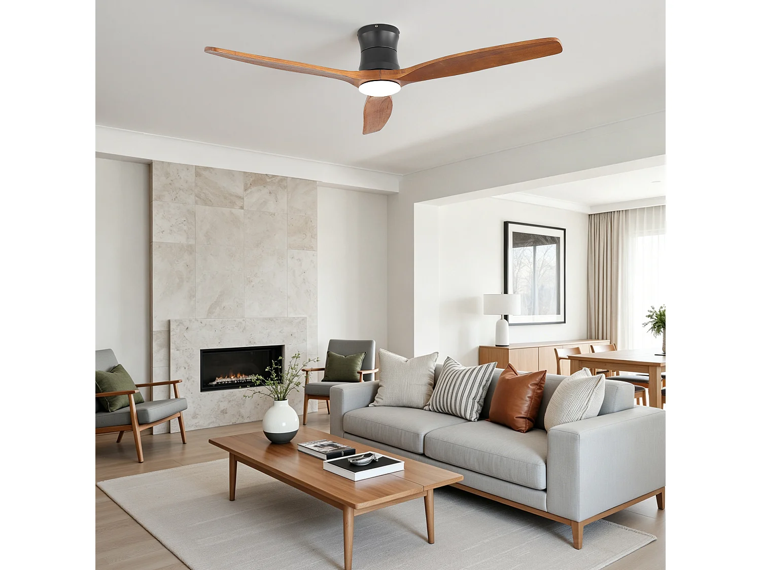 Ventilateur de plafond 132 cm avec éclairage variateur, 3 pales en bois et télécommande - Couleur bois