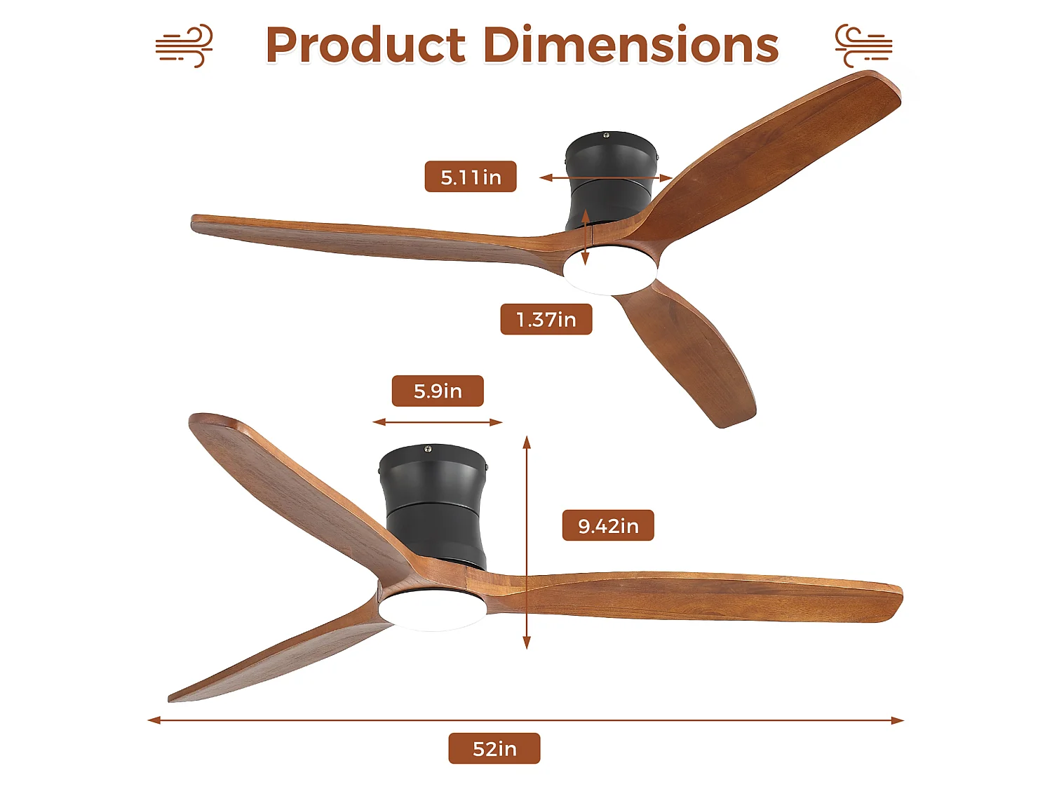 Ventilateur de plafond 132 cm avec éclairage variateur, 3 pales en bois et télécommande - Couleur bois