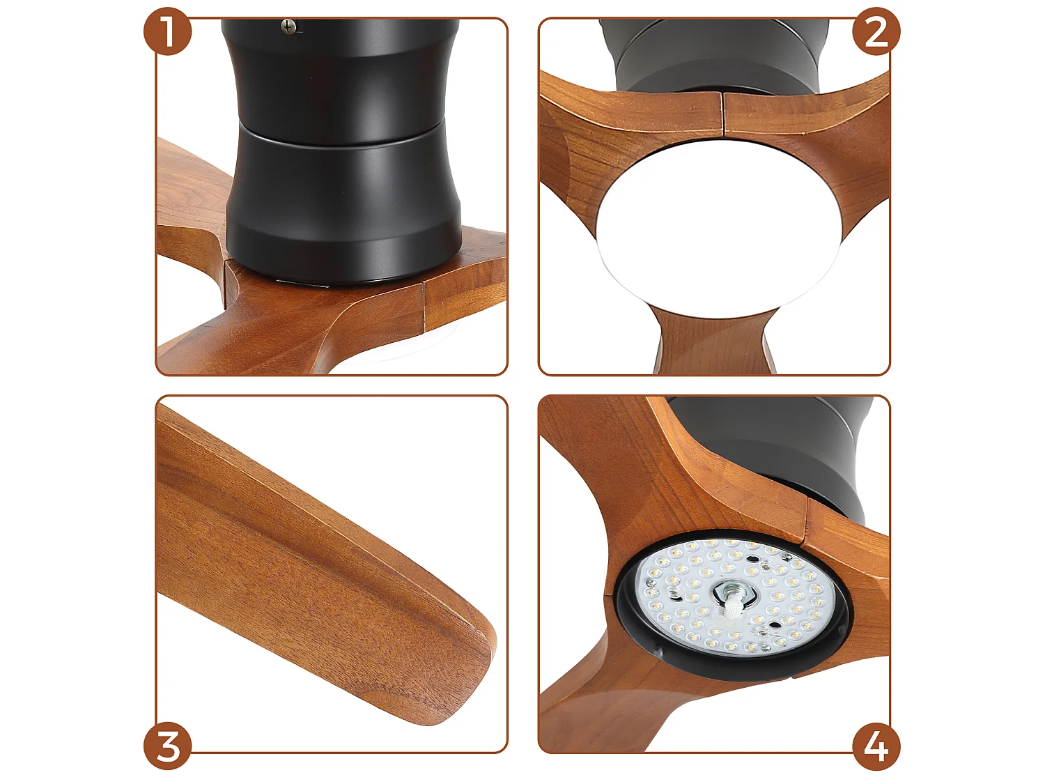 Ventilateur de plafond 132 cm avec éclairage variateur, 3 pales en bois et télécommande - Couleur bois