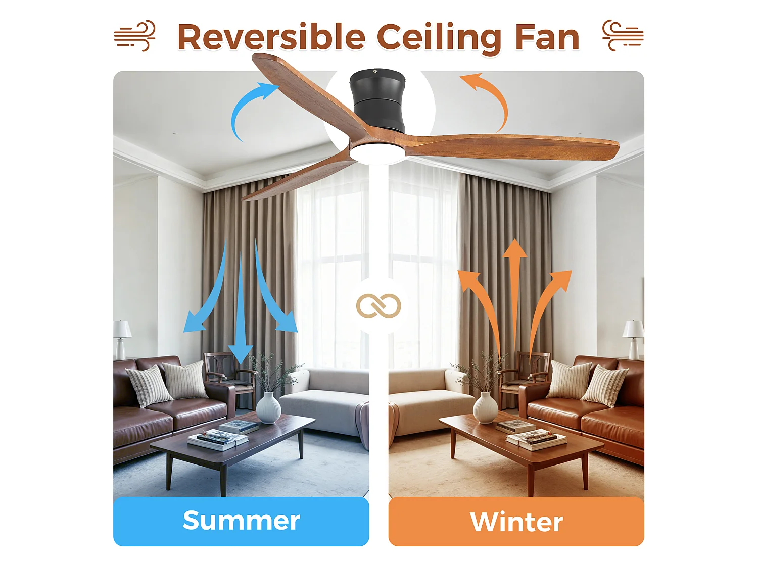 Ventilateur de plafond 132 cm avec éclairage variateur, 3 pales en bois et télécommande - Couleur bois