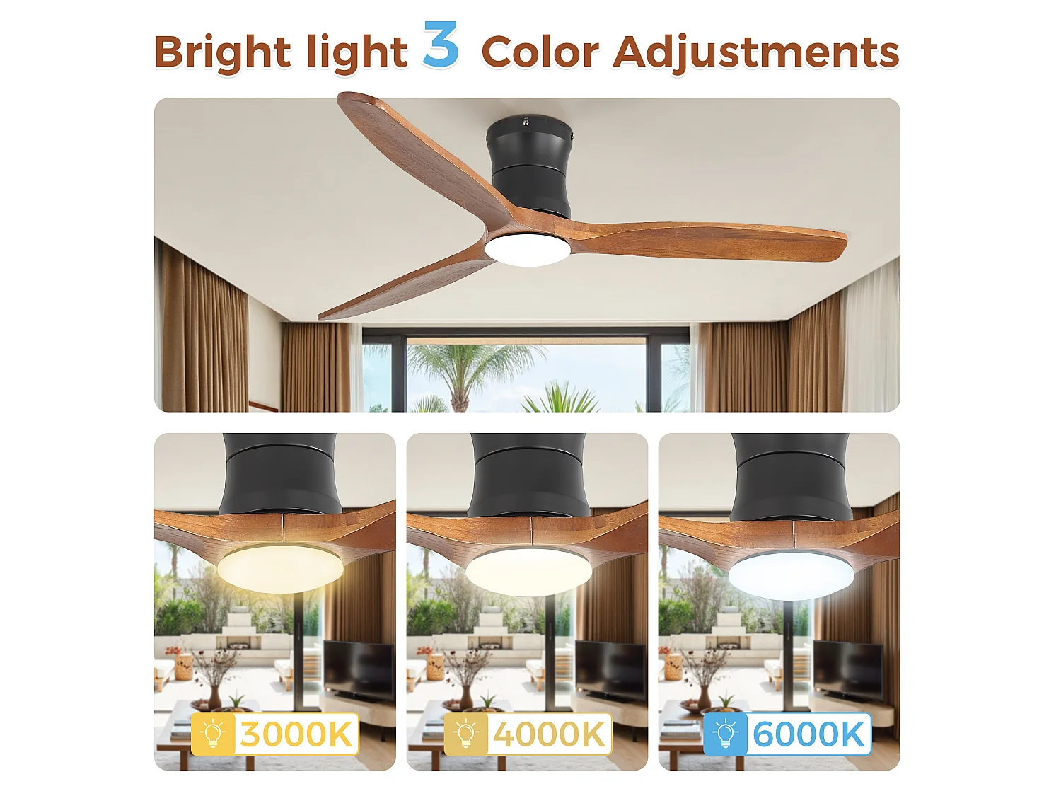 Ventilateur de plafond 132 cm avec éclairage variateur, 3 pales en bois et télécommande - Couleur bois