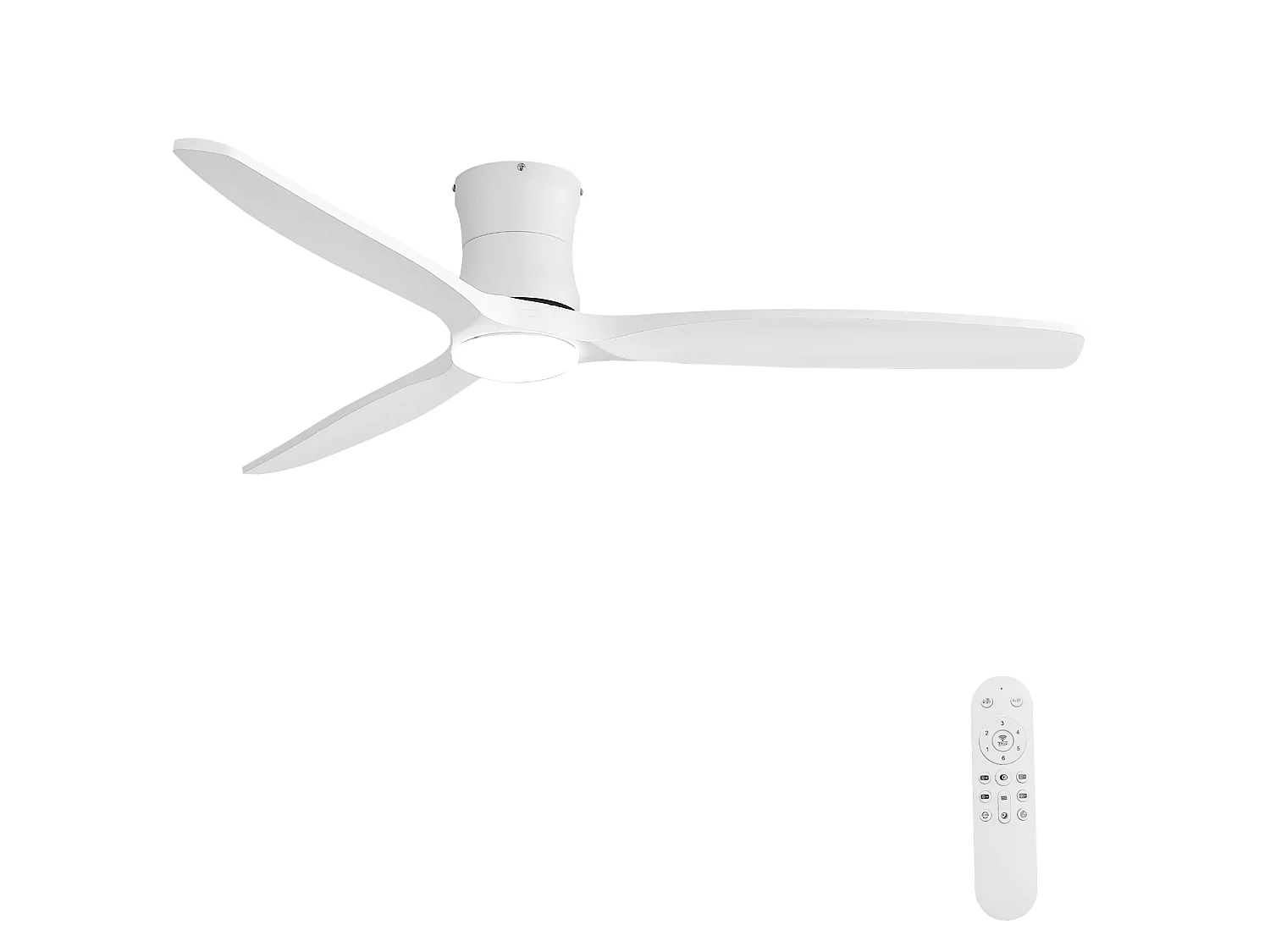 Ventilateur de plafond 132 cm avec éclairage variateur, 3 pales en bois et télécommande - Blanc