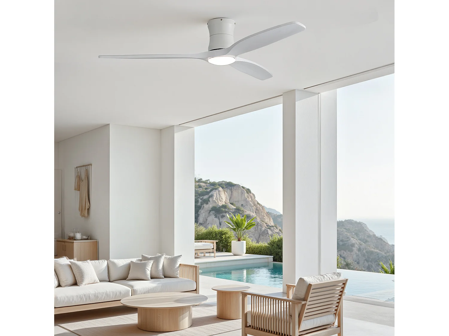 Ventilateur de plafond 132 cm avec éclairage variateur, 3 pales en bois et télécommande - Blanc