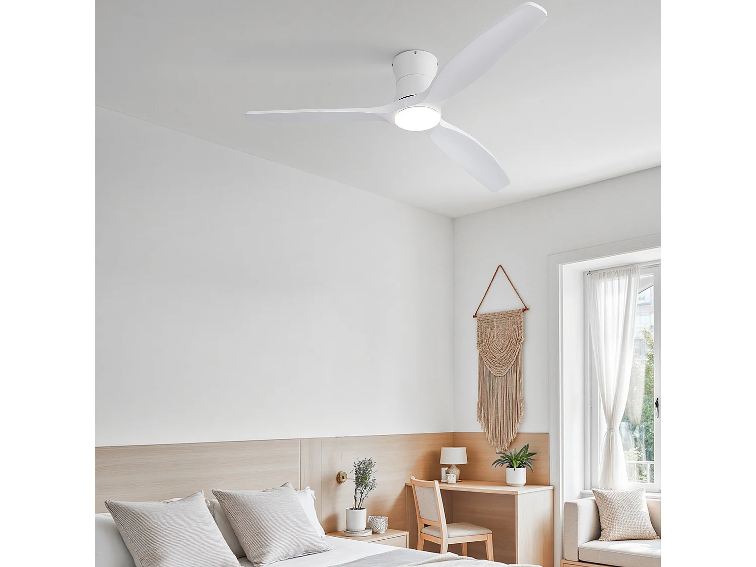 Ventilateur de plafond 132 cm avec éclairage variateur, 3 pales en bois et télécommande - Blanc