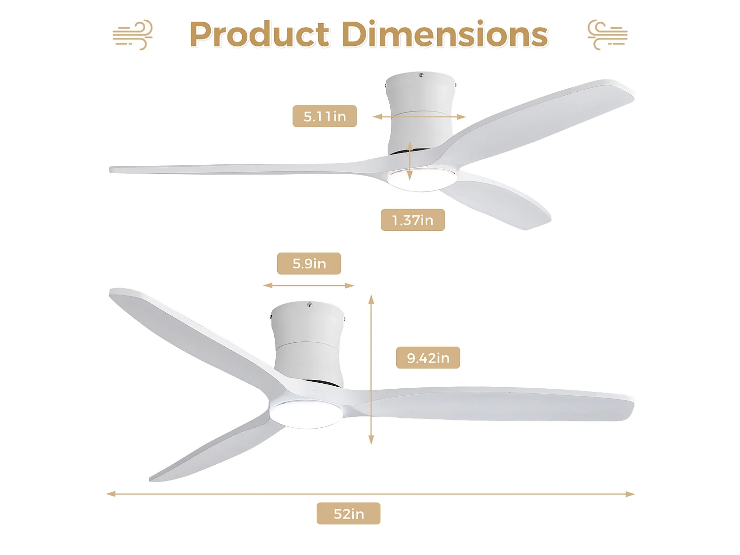 Ventilateur de plafond 132 cm avec éclairage variateur, 3 pales en bois et télécommande - Blanc