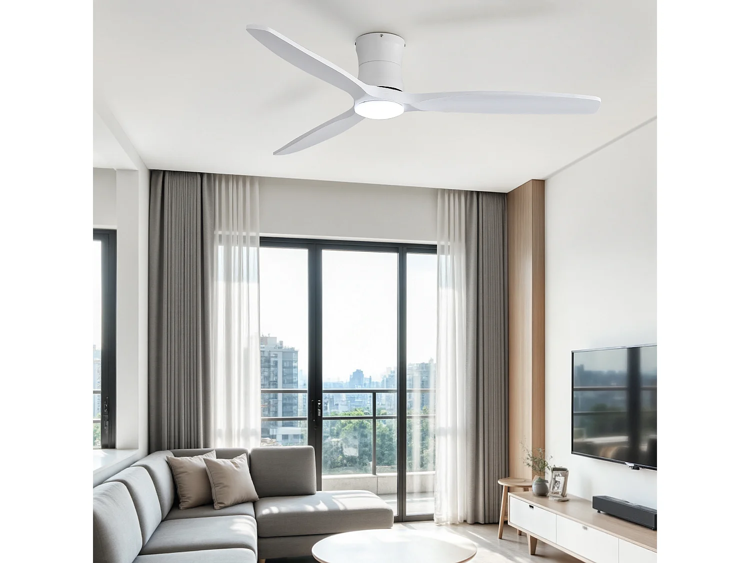 Ventilateur de plafond 132 cm avec éclairage variateur, 3 pales en bois et télécommande - Blanc
