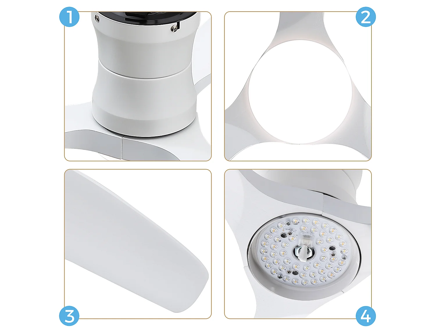 Ventilateur de plafond 132 cm avec éclairage variateur, 3 pales en bois et télécommande - Blanc