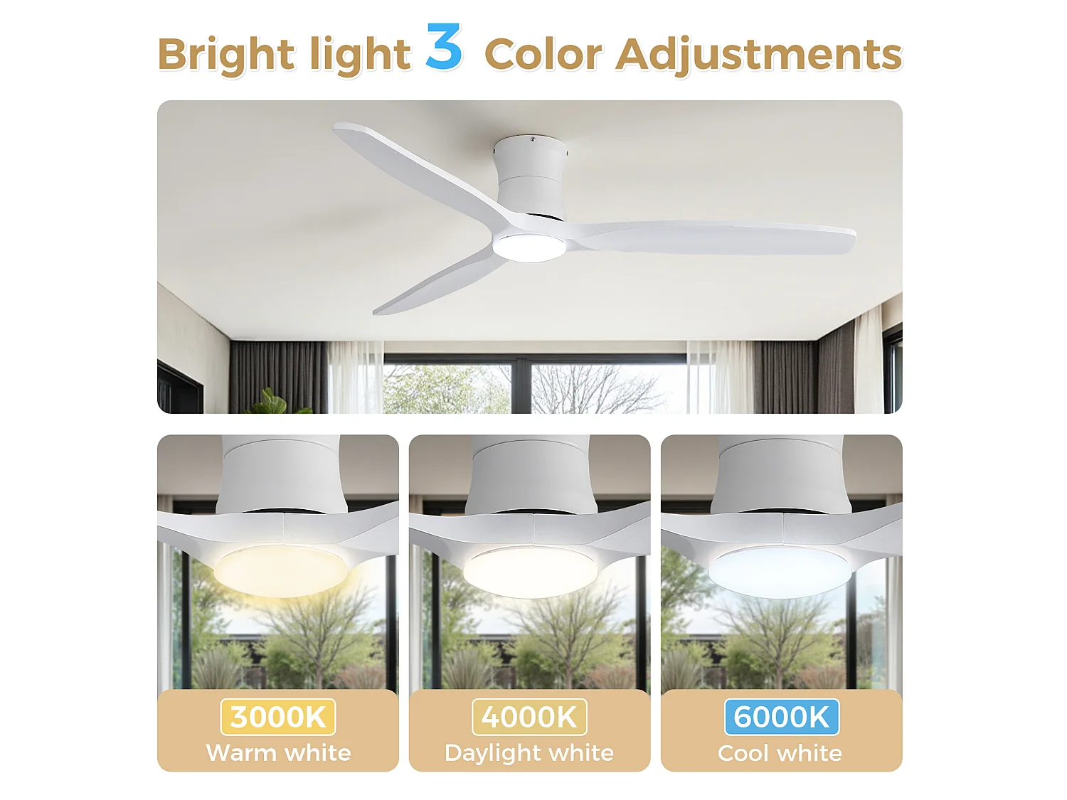 Ventilateur de plafond 132 cm avec éclairage variateur, 3 pales en bois et télécommande - Blanc