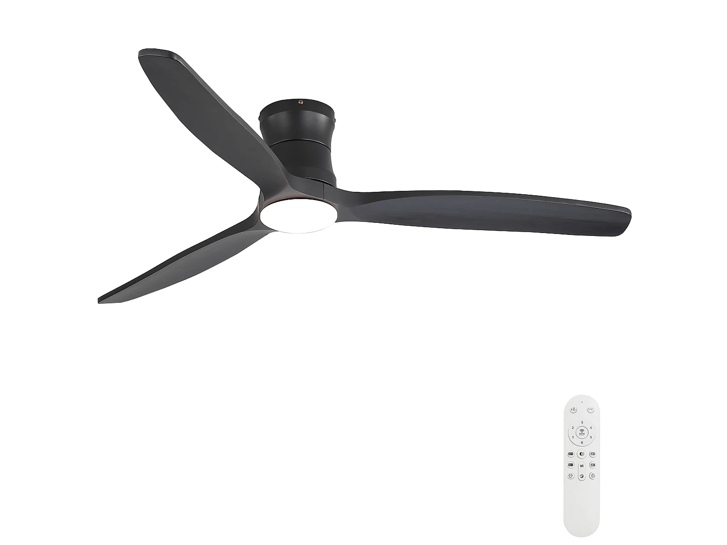 Ventilateur de plafond 132 cm avec éclairage variateur, 3 pales en bois et télécommande - Noir