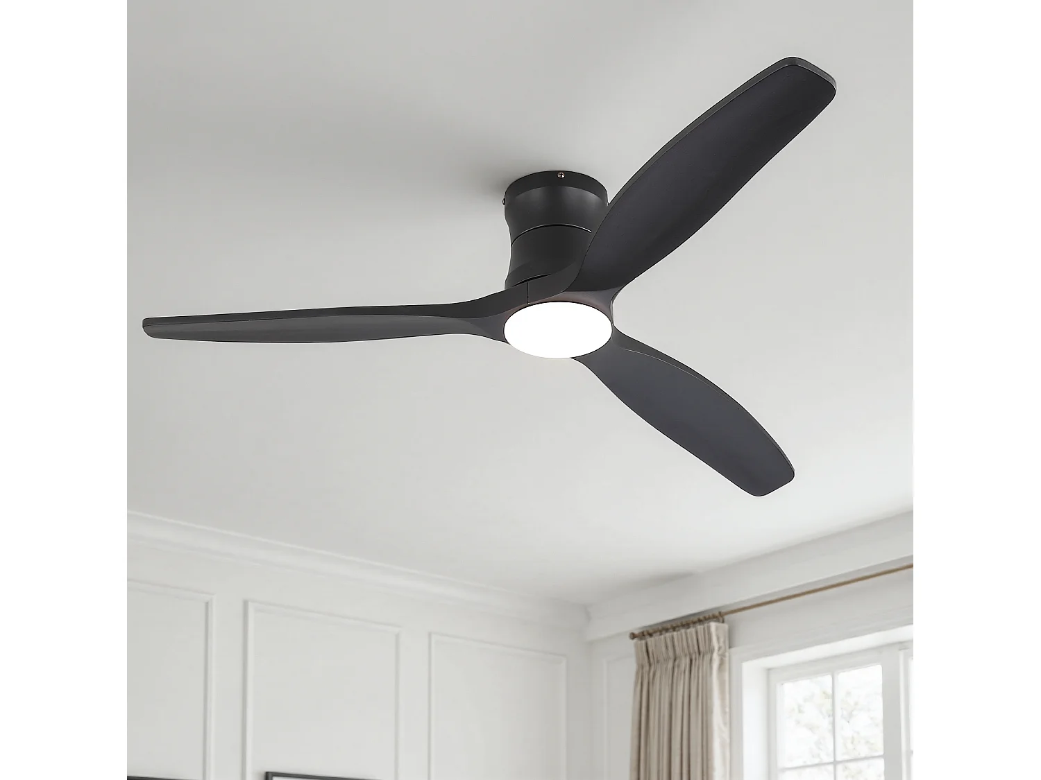 Ventilateur de plafond 132 cm avec éclairage variateur, 3 pales en bois et télécommande - Noir