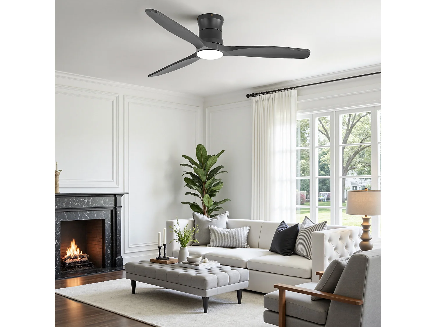 Ventilateur de plafond 132 cm avec éclairage variateur, 3 pales en bois et télécommande - Noir