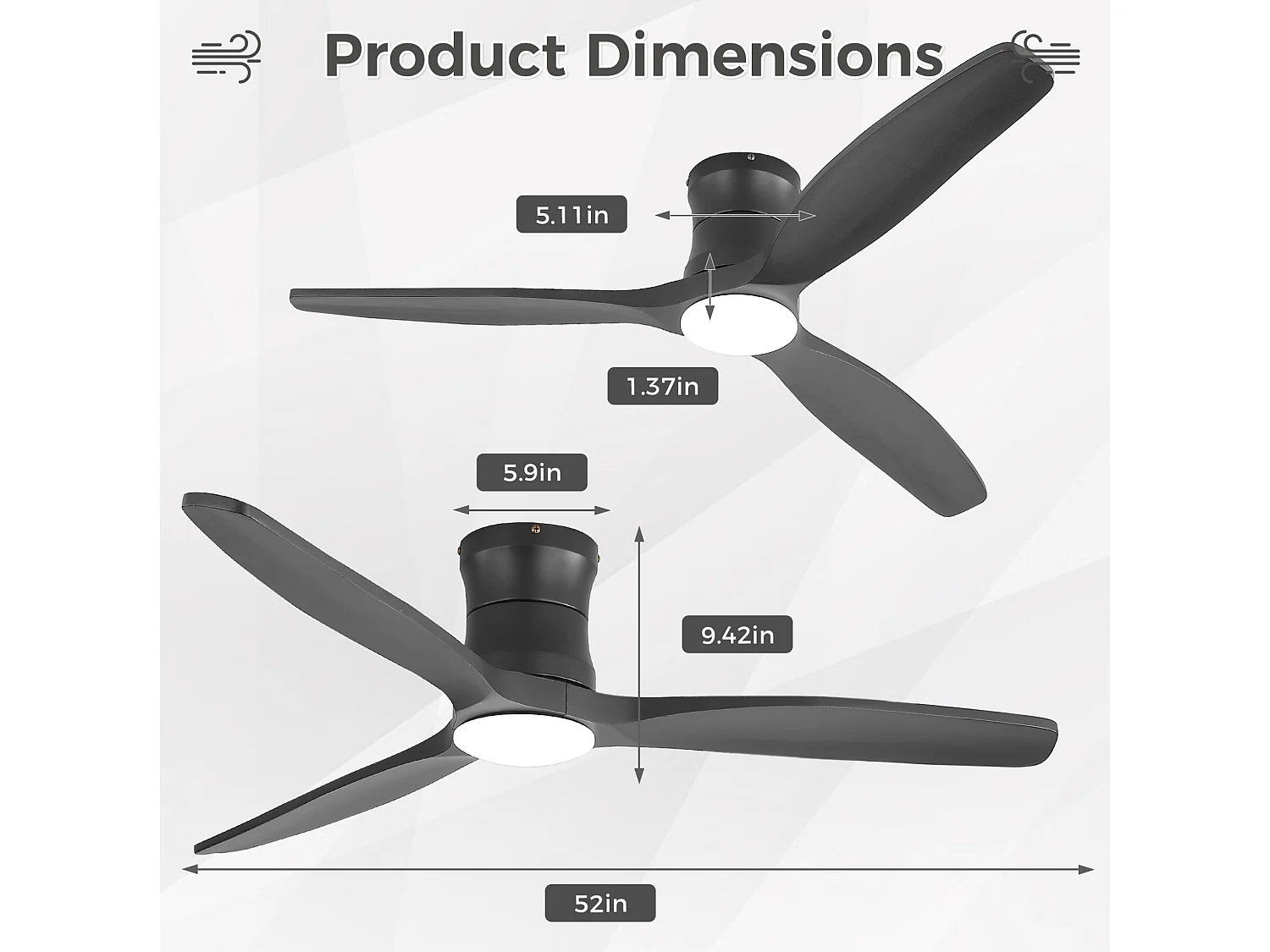 Ventilateur de plafond 132 cm avec éclairage variateur, 3 pales en bois et télécommande - Noir