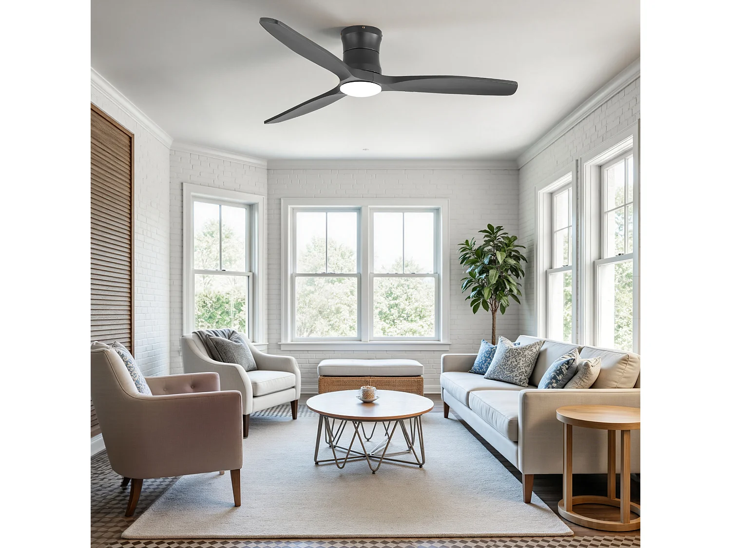 Ventilateur de plafond 132 cm avec éclairage variateur, 3 pales en bois et télécommande - Noir