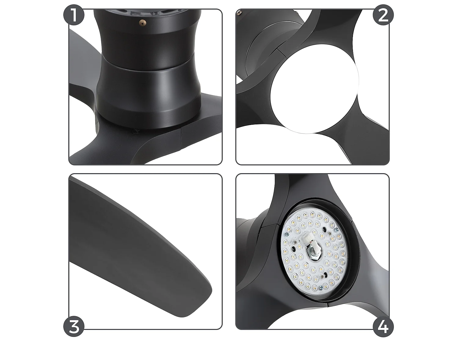 Ventilateur de plafond 132 cm avec éclairage variateur, 3 pales en bois et télécommande - Noir