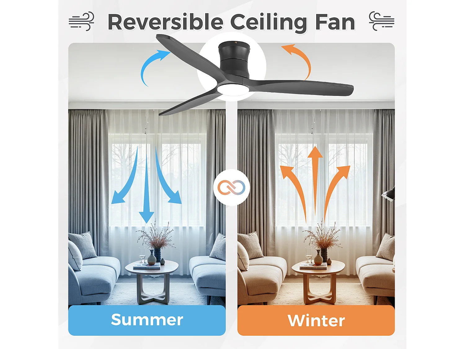 Ventilateur de plafond 132 cm avec éclairage variateur, 3 pales en bois et télécommande - Noir
